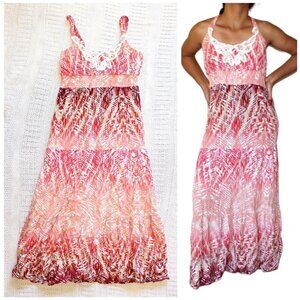 Snap Strappy Abstract Gypsy Dress Palm leaf print Size L Red & White Beachy Boho